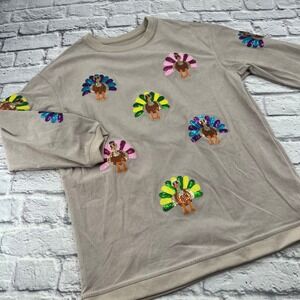 Womens Large Tan Corduroy Sequin Turkey Patch Thanksgiving Holiday Sweatshirt